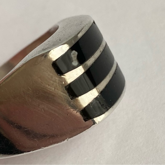 Vintage Sterling Silver Black Onyx Inlay Ring Mexico Heavy Solid Unisex Size 13 - Picture 8 of 15